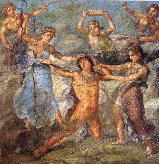 Pentheus wird von Weibern zerrissen. Römisches Fresko aus der Casa dei Vettii in Pompeji.